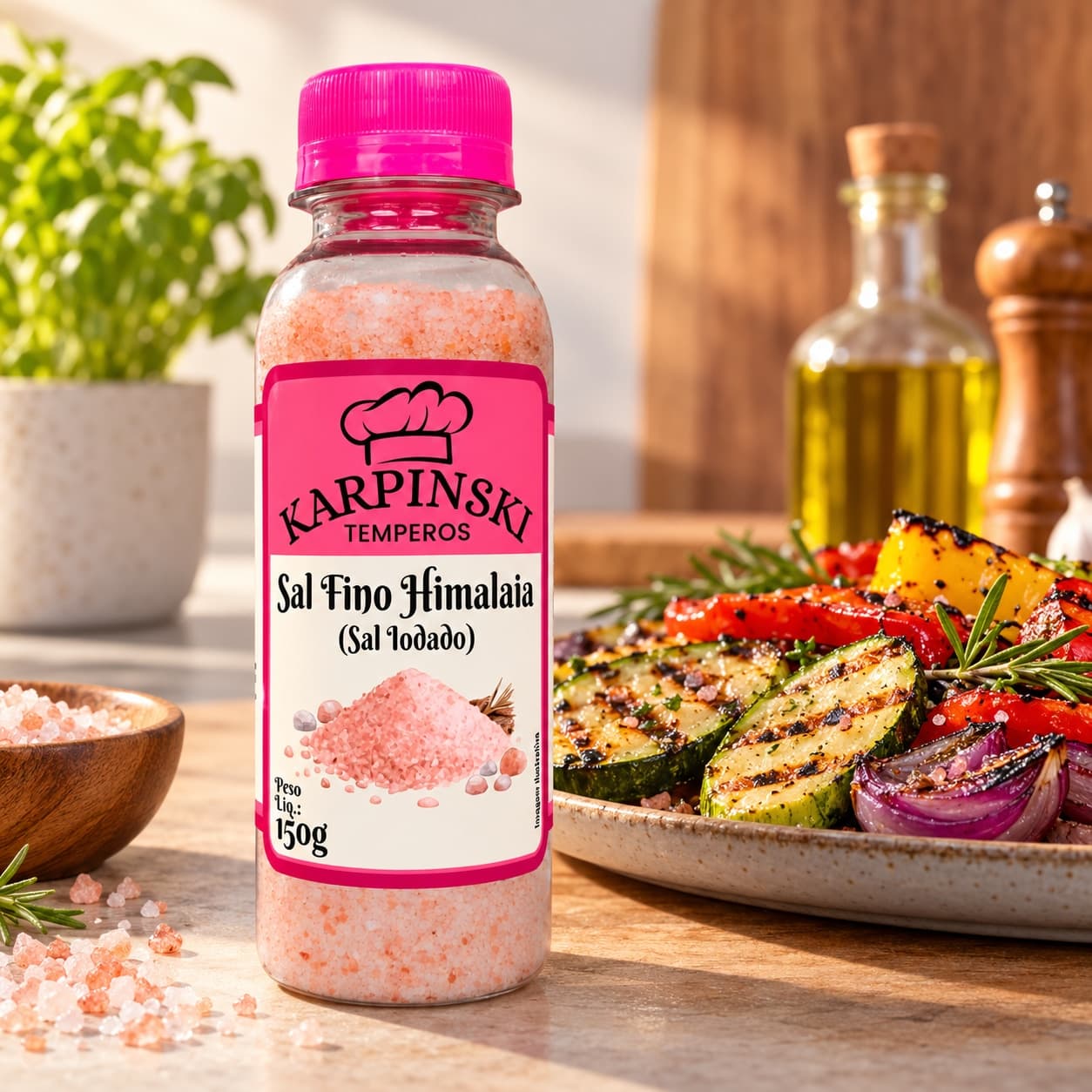 Sal do Himalaia Rosa Iodado Karpinski 150 g — com legumes grelhados