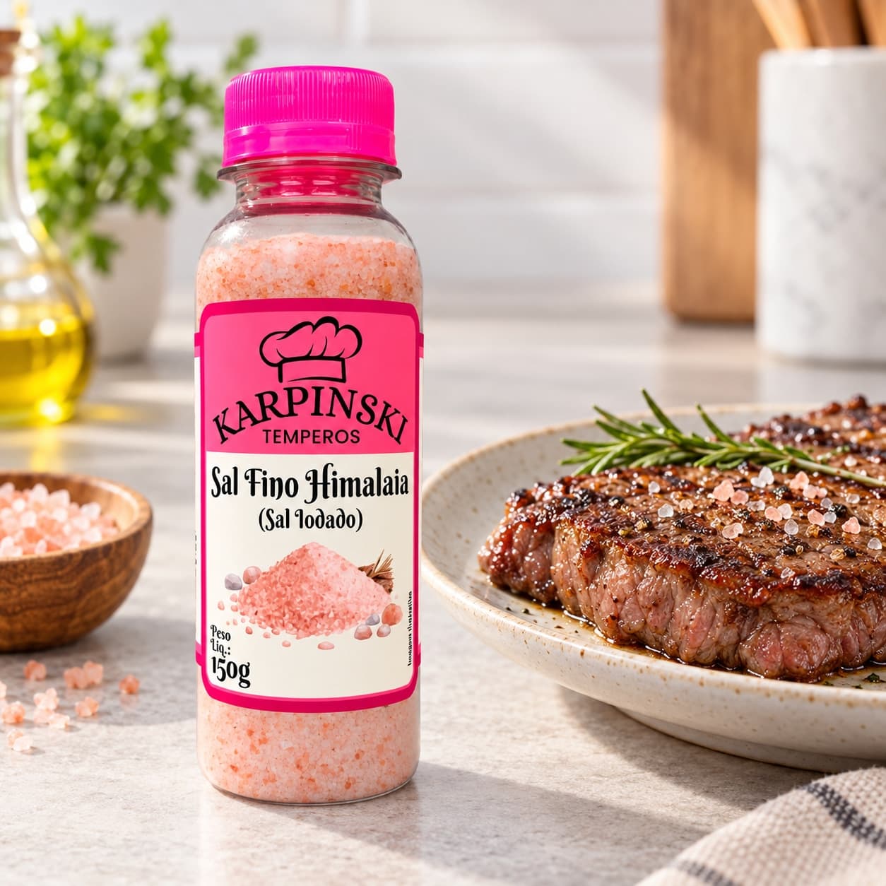 Sal do Himalaia Rosa Iodado Karpinski 150 g — ao lado de carne grelhada