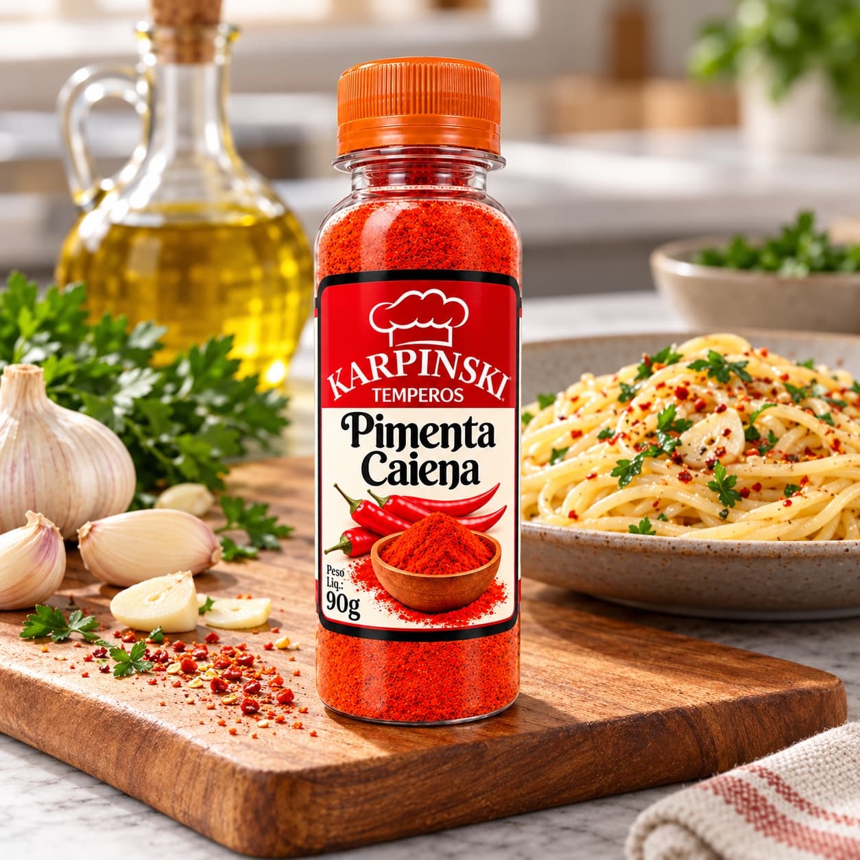 Pimenta Caiena Karpinski 90 g — no preparo com espaguete ao alho e óleo