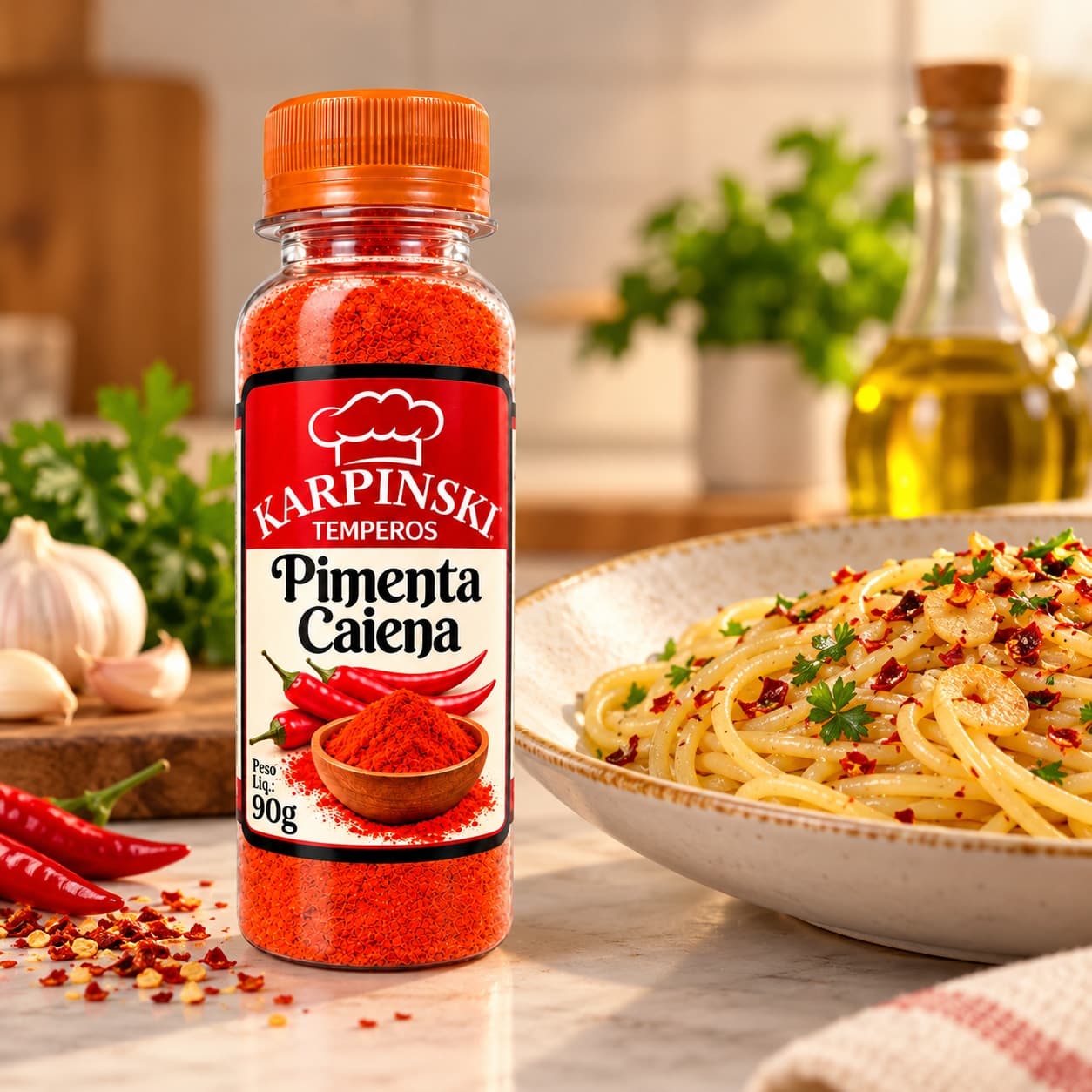 Pimenta Caiena Karpinski 90 g — com espaguete ao alho e óleo