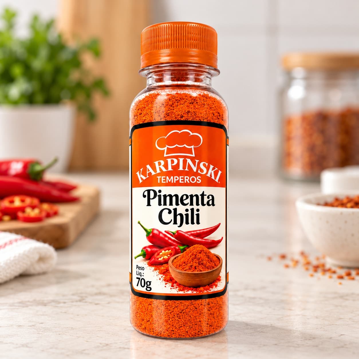 Pimenta Chili Karpinski 70 g — detalhe da embalagem e do rótulo
