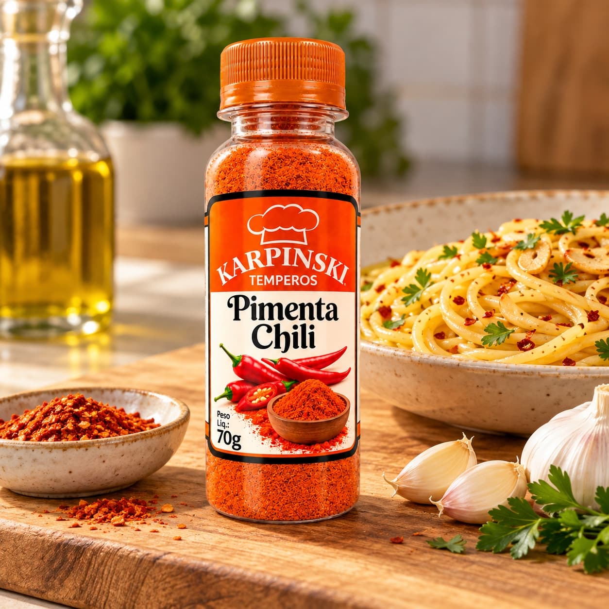 Pimenta Chili Karpinski 70 g — no preparo com espaguete ao alho e óleo