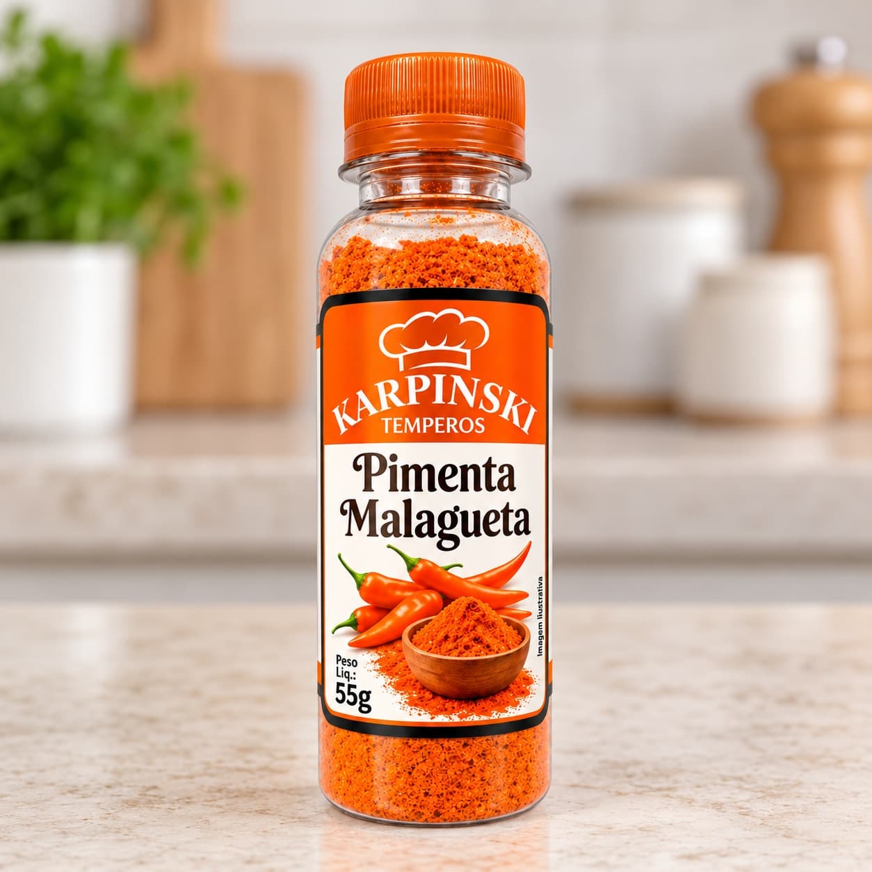 Pimenta Malagueta Karpinski 55 g — detalhe da embalagem e do rótulo