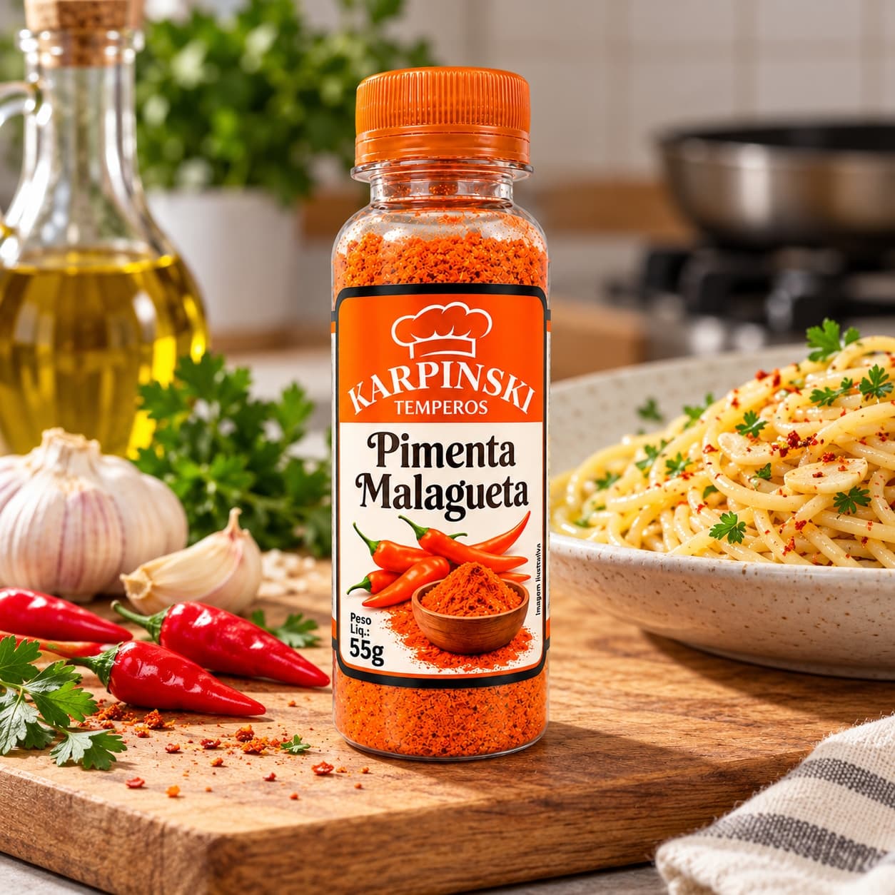 Pimenta Malagueta Karpinski 55 g — no preparo com espaguete ao alho e óleo