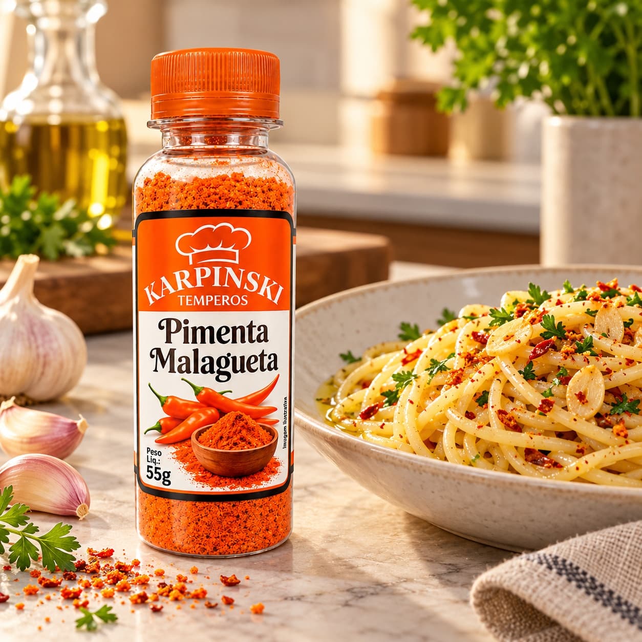 Pimenta Malagueta Karpinski 55 g — com espaguete ao alho e óleo