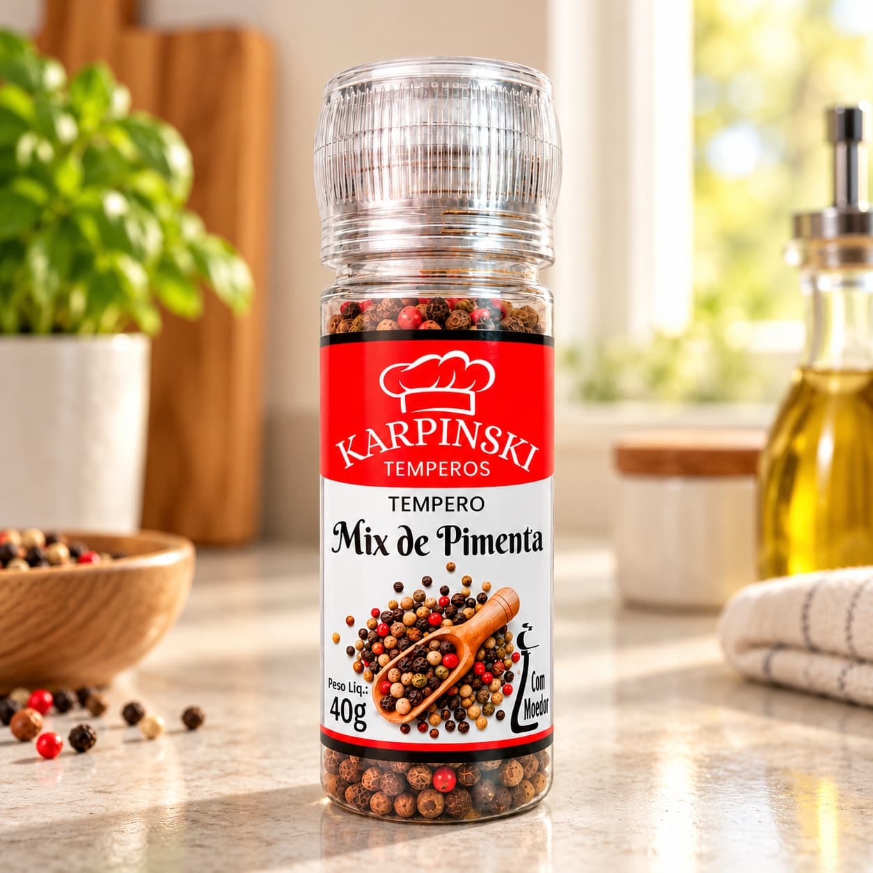 Mix de Pimentas em Grãos com Moedor Karpinski 40 g — na bancada da cozinha