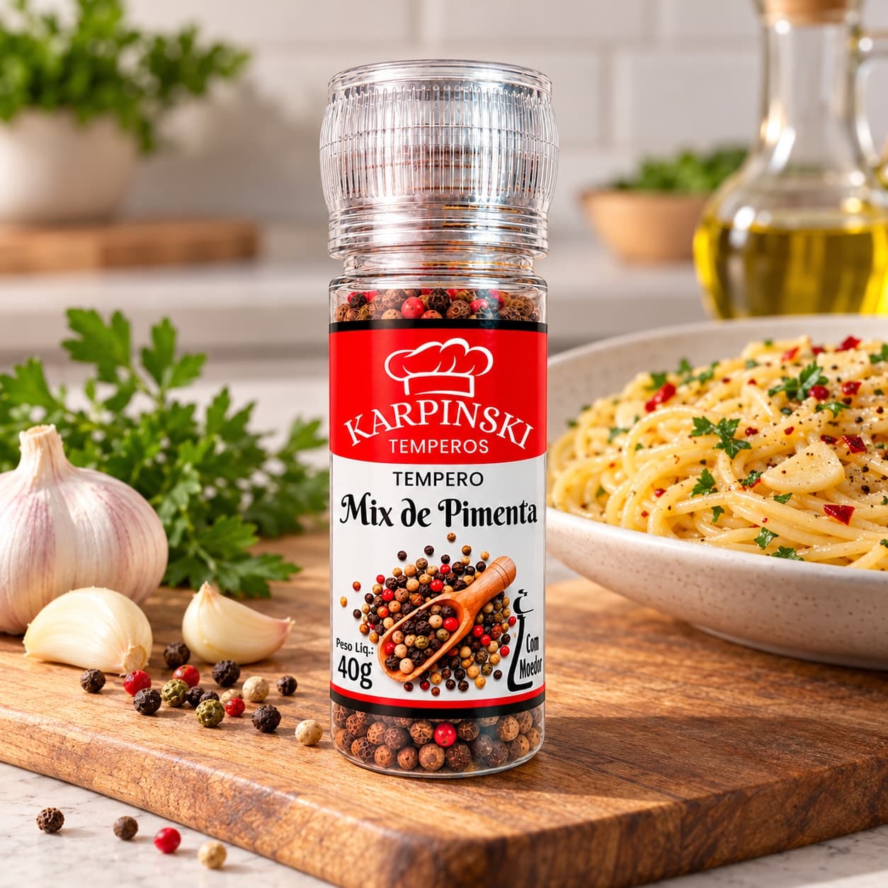 Mix de Pimentas em Grãos com Moedor Karpinski 40 g — no preparo com espaguete ao alho e óleo