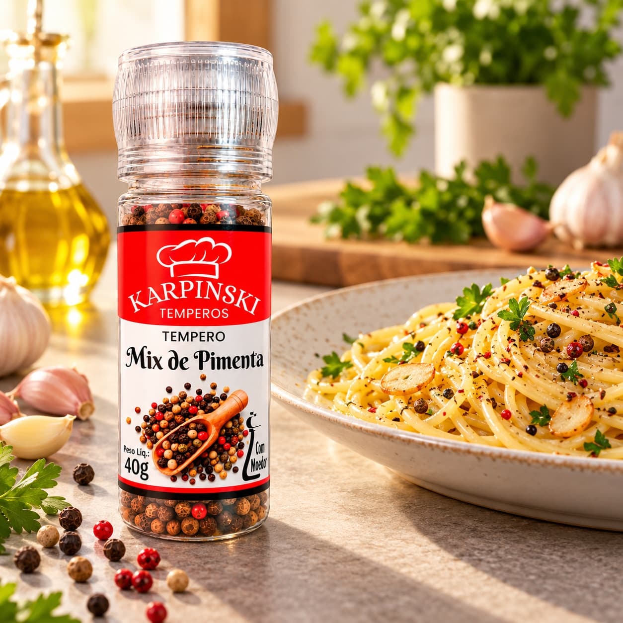 Mix de Pimentas em Grãos com Moedor Karpinski 40 g — com espaguete ao alho e óleo