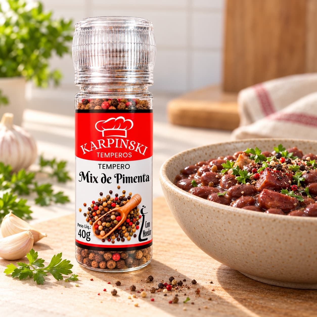 Mix de Pimentas em Grãos com Moedor Karpinski 40 g — ao lado de feijão cozido