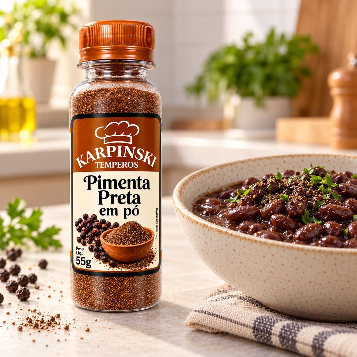 Pimenta Preta em Pó Karpinski 55 g — ao lado de feijão cozido