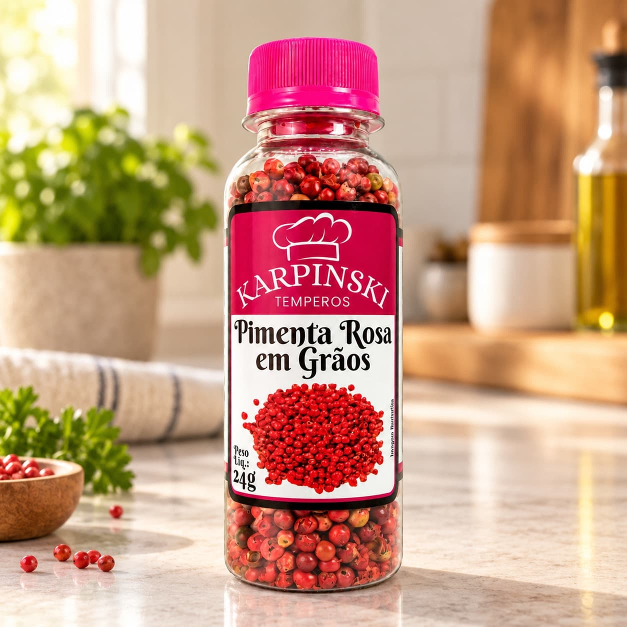 Pimenta Rosa em Grãos Karpinski 24 g — na bancada da cozinha