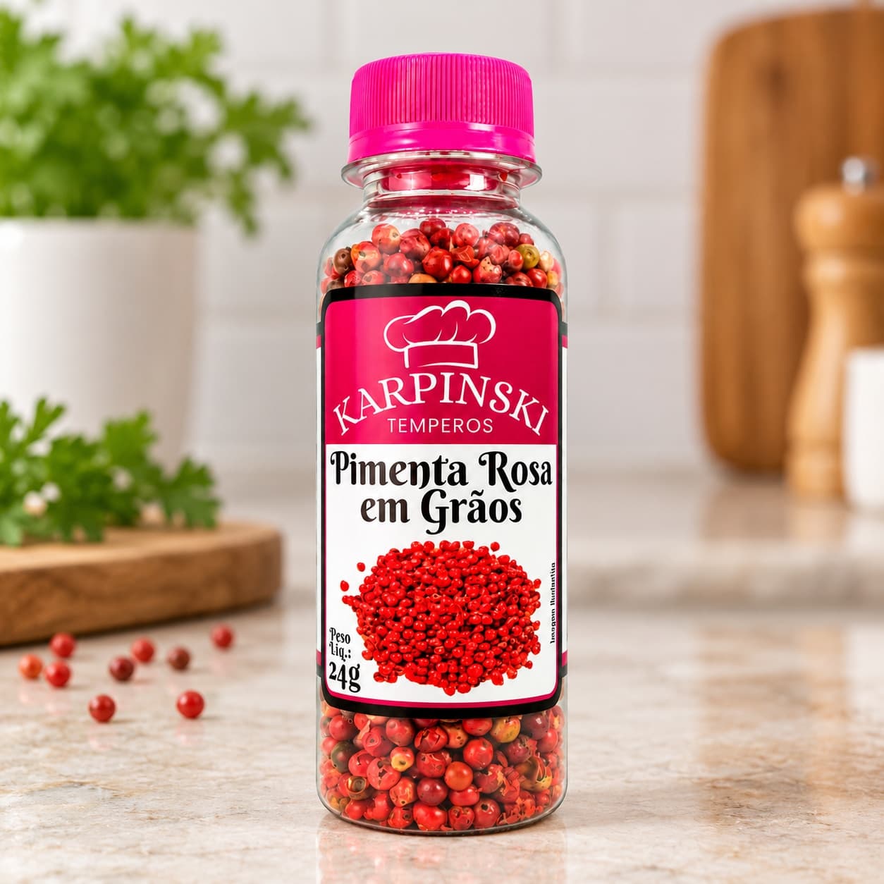 Pimenta Rosa em Grãos Karpinski 24 g — detalhe da embalagem e do rótulo