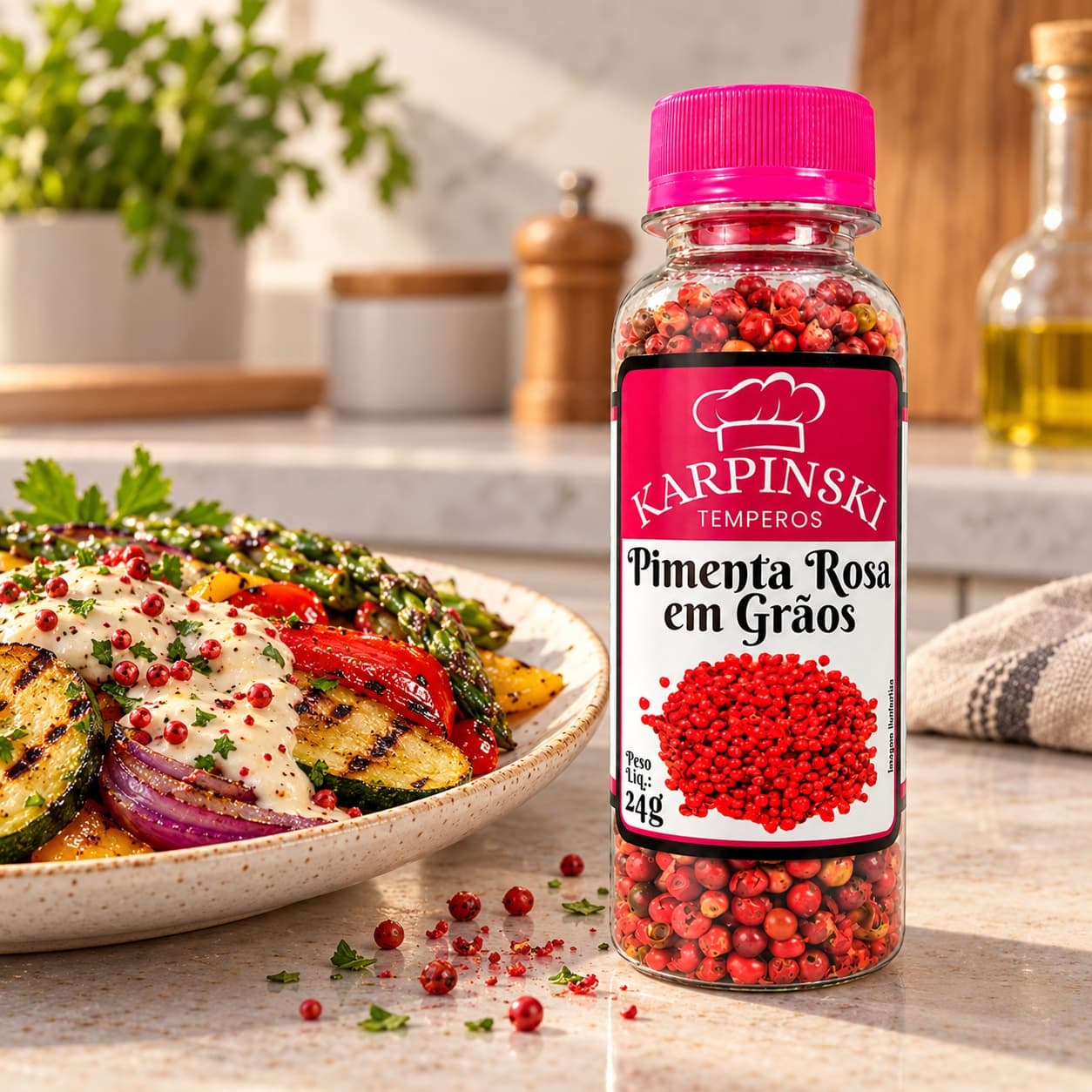 Pimenta Rosa em Grãos Karpinski 24 g — com legumes grelhados com molho cremoso