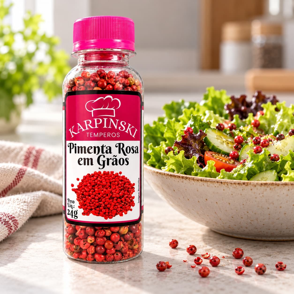Pimenta Rosa em Grãos Karpinski 24 g — ao lado de salada verde