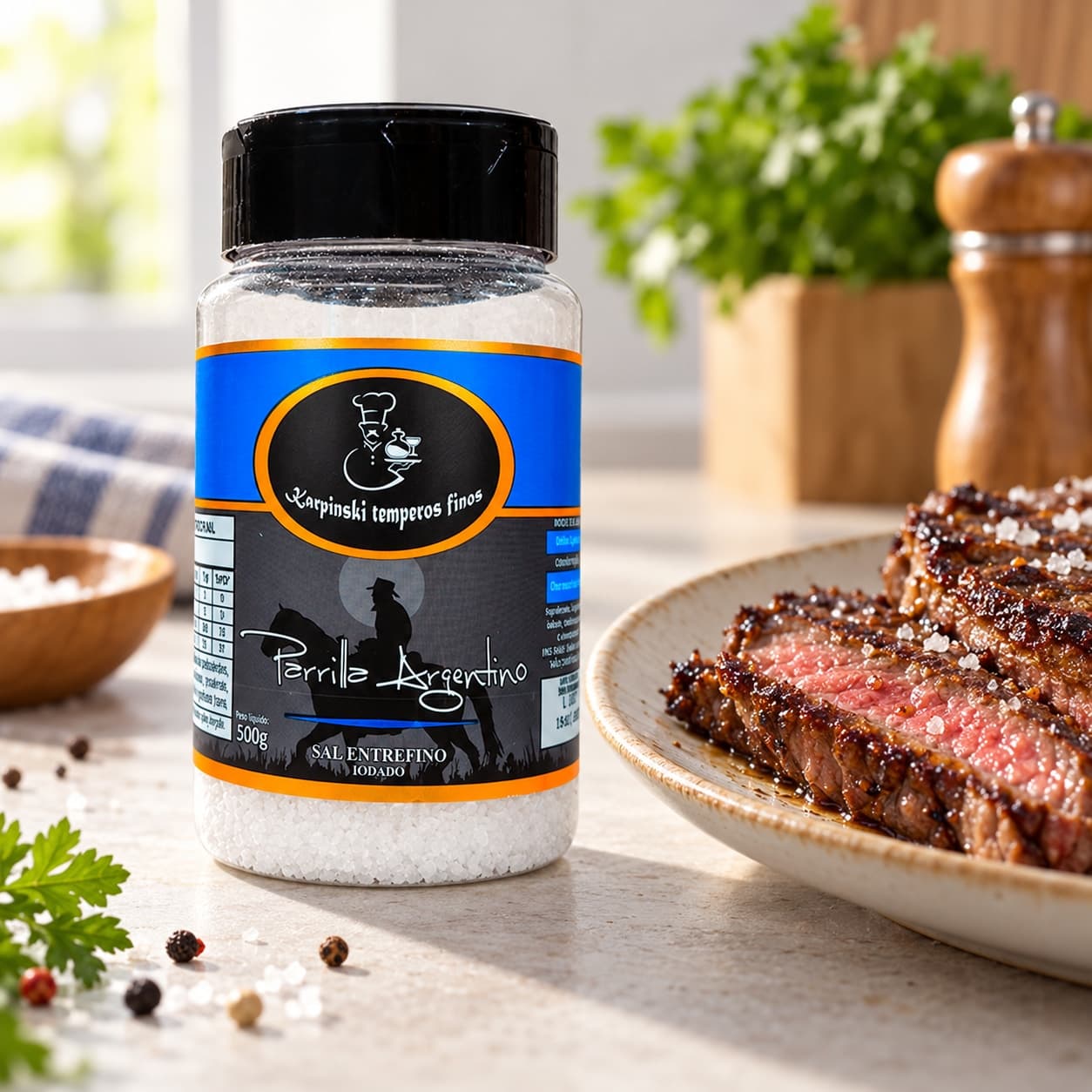 Sal Parrilla Entrefino para Churrasco Karpinski 500 g — ao lado de carne grelhada