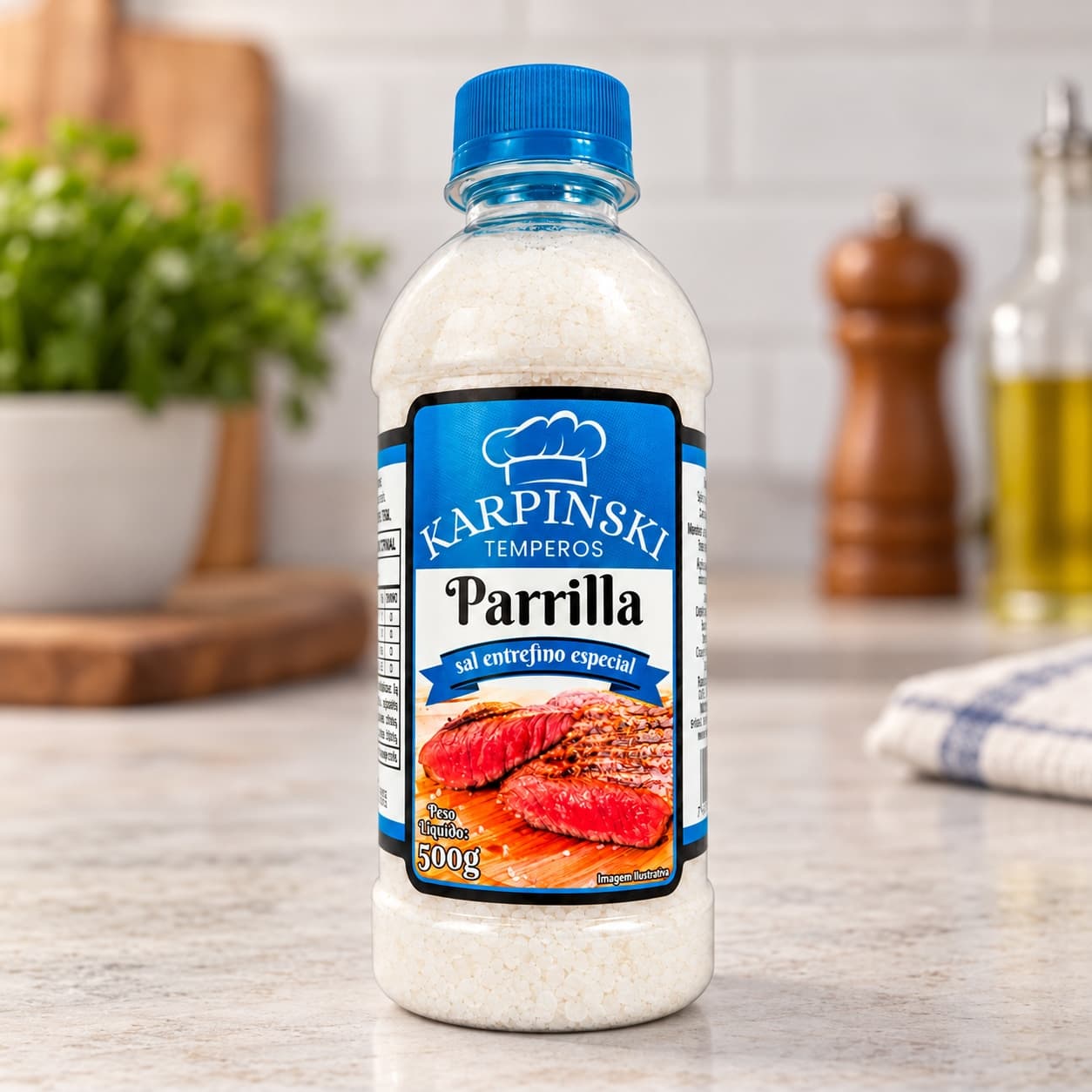 Sal Parrilla Entrefino Especial Karpinski 500 g — detalhe da embalagem e do rótulo