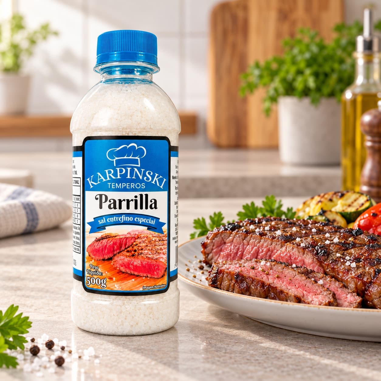 Sal Parrilla Entrefino Especial Karpinski 500 g — ao lado de carne grelhada