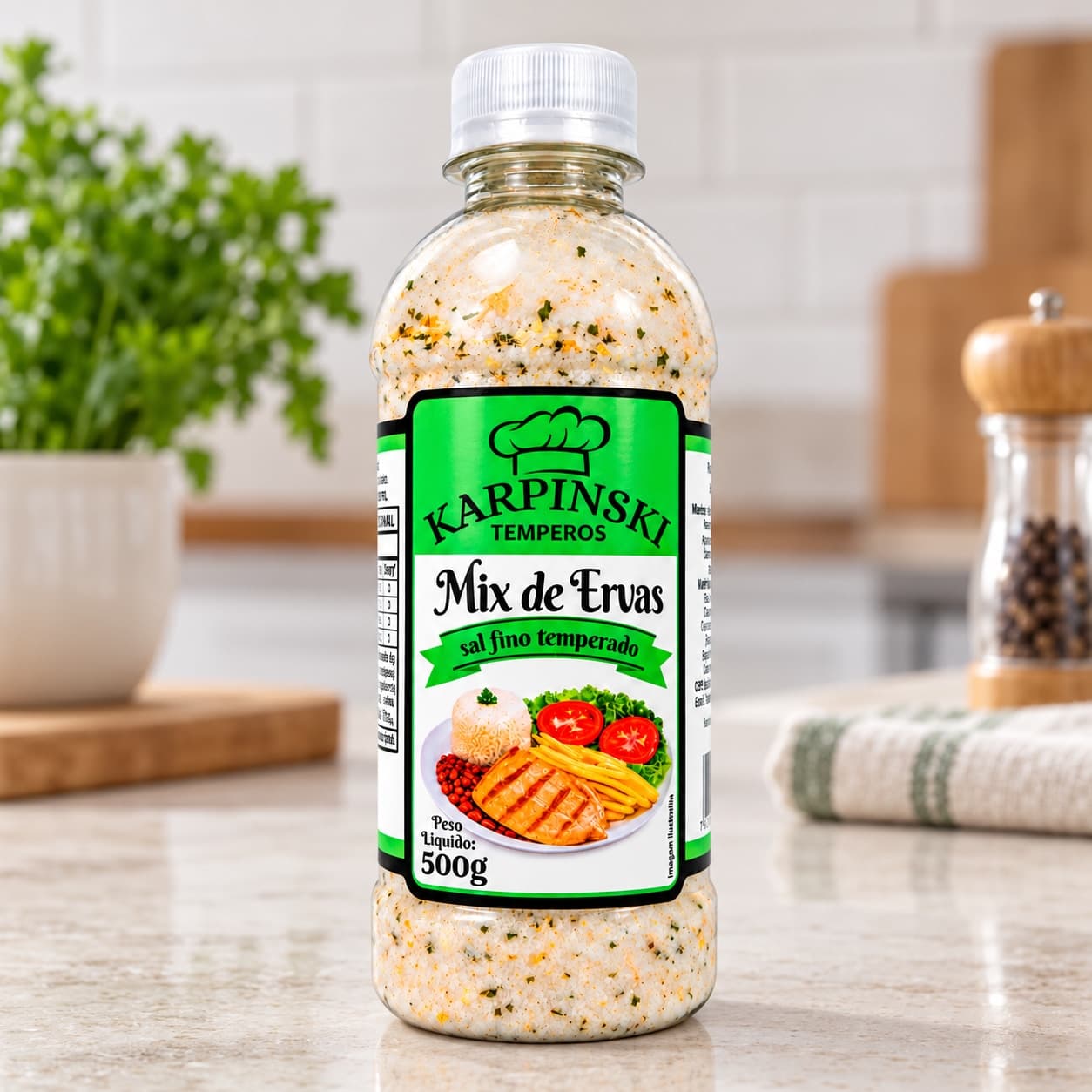 Sal Fino Temperado com Ervas Karpinski 500 g — detalhe da embalagem e do rótulo