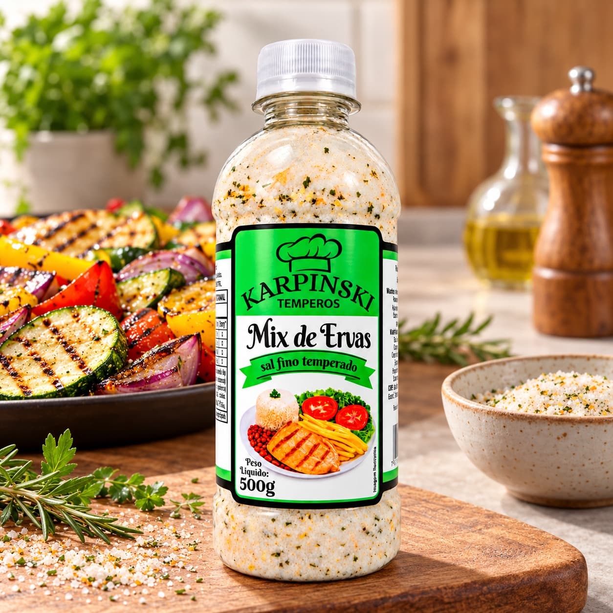 Sal Fino Temperado com Ervas Karpinski 500 g — no preparo com legumes grelhados