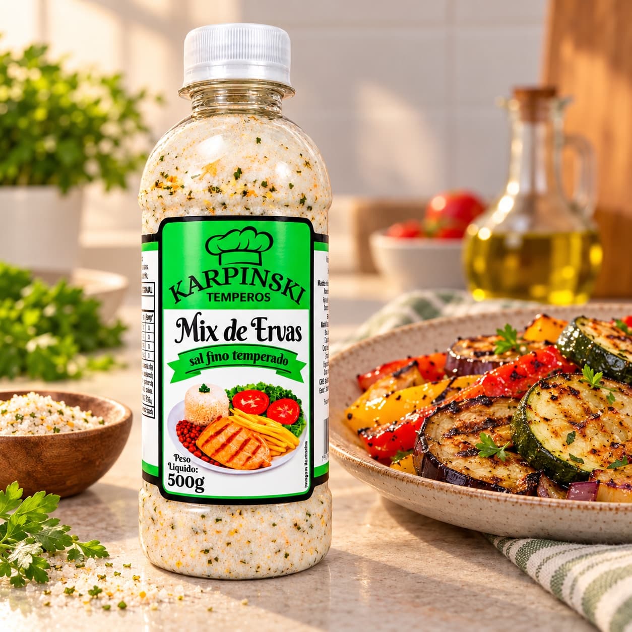 Sal Fino Temperado com Ervas Karpinski 500 g — com legumes grelhados