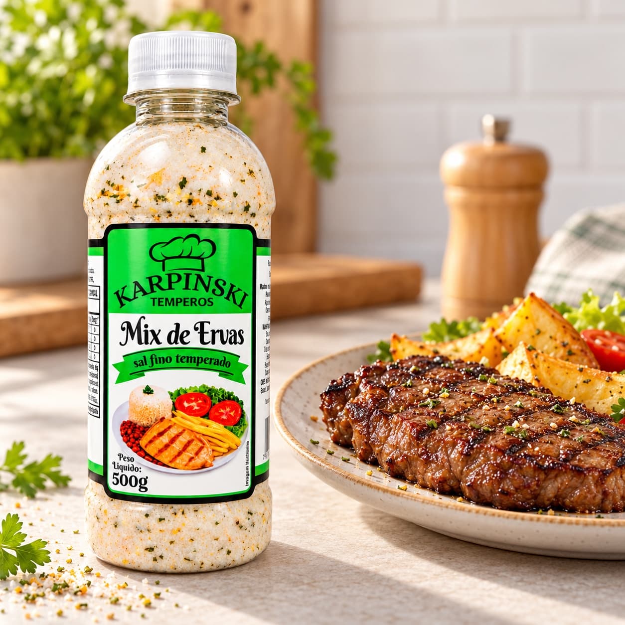 Sal Fino Temperado com Ervas Karpinski 500 g — ao lado de carne grelhada