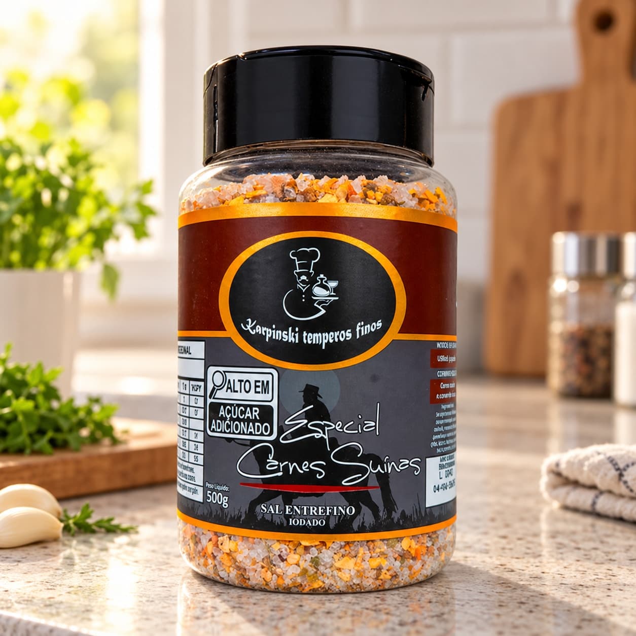 Sal Parrilla para Carnes Suínas Karpinski 500 g — na bancada da cozinha