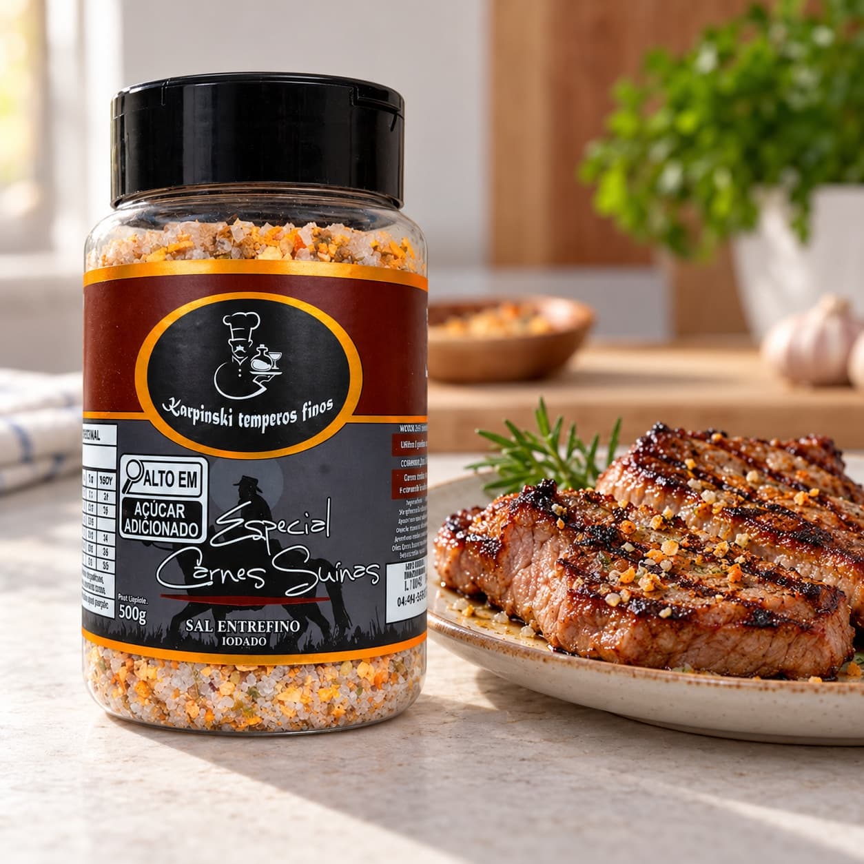 Sal Parrilla para Carnes Suínas Karpinski 500 g — ao lado de carne grelhada