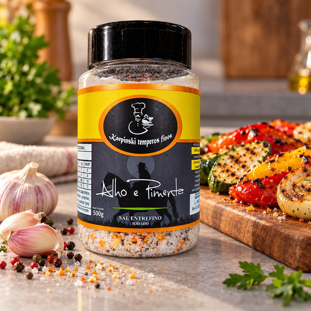 Sal Parrilla com Alho e Pimenta Karpinski 500 g — com legumes grelhados