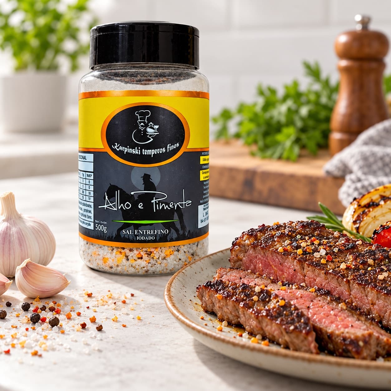 Sal Parrilla com Alho e Pimenta Karpinski 500 g — ao lado de carne grelhada