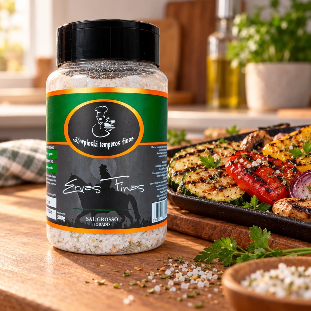 Sal Grosso com Ervas Finas Karpinski 500 g — com legumes grelhados