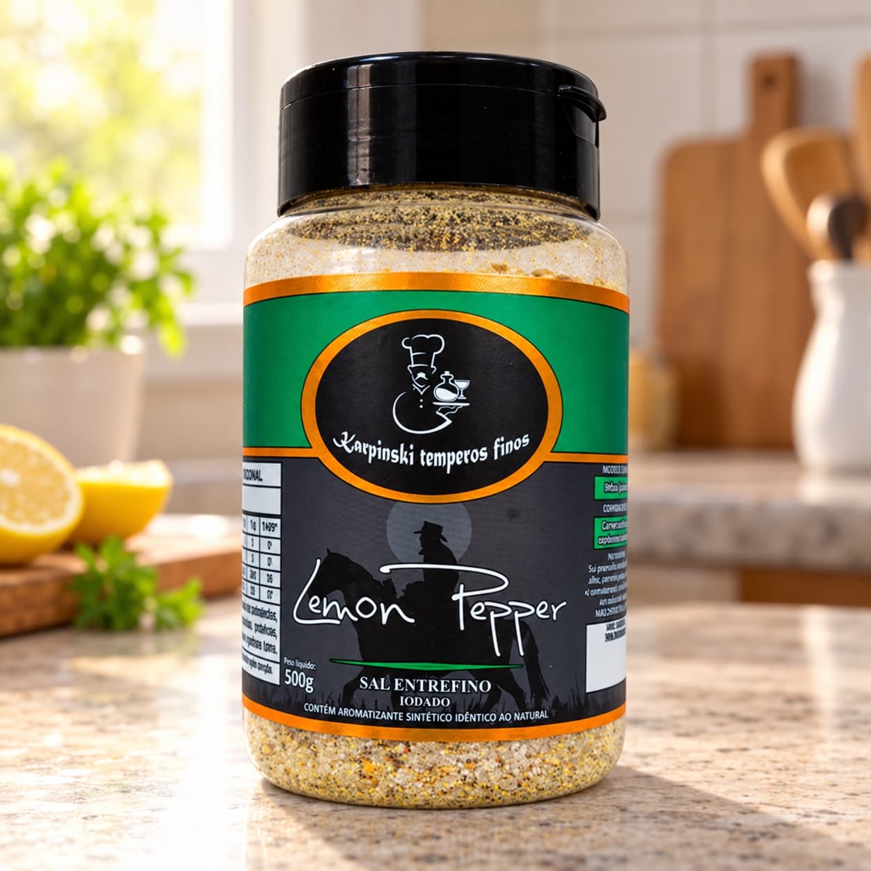 Sal Parrilla com Lemon Pepper Karpinski 500 g — na bancada da cozinha