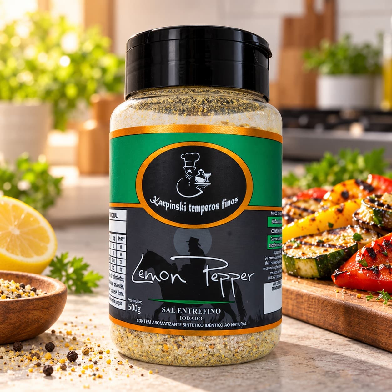 Sal Parrilla com Lemon Pepper Karpinski 500 g — com legumes grelhados