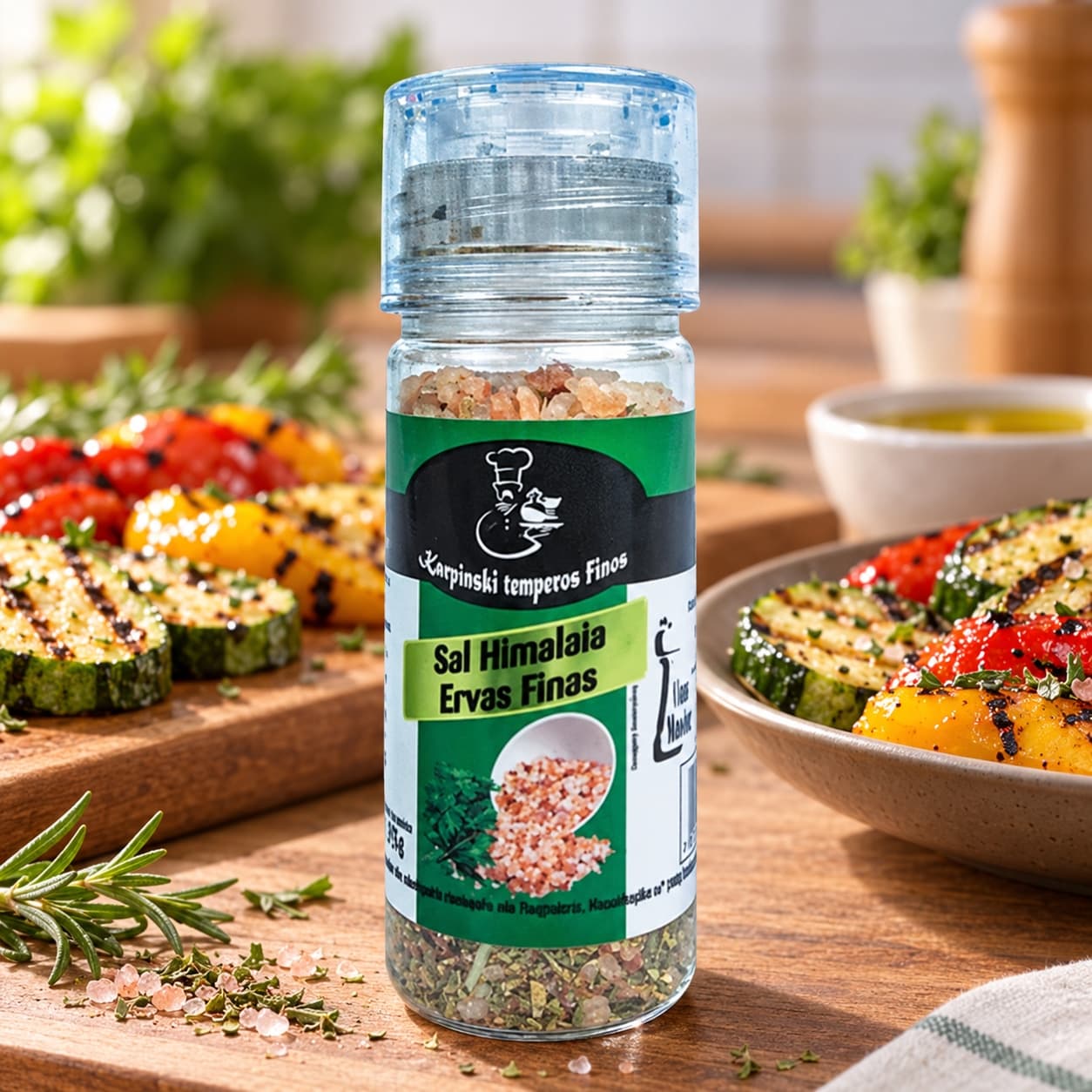 Sal Himalaia com Ervas Finas Moedor Karpinski — no preparo com legumes grelhados