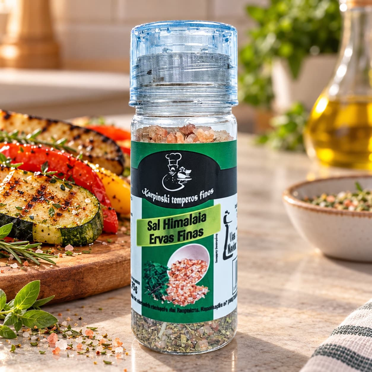Sal Himalaia com Ervas Finas Moedor Karpinski — com legumes grelhados