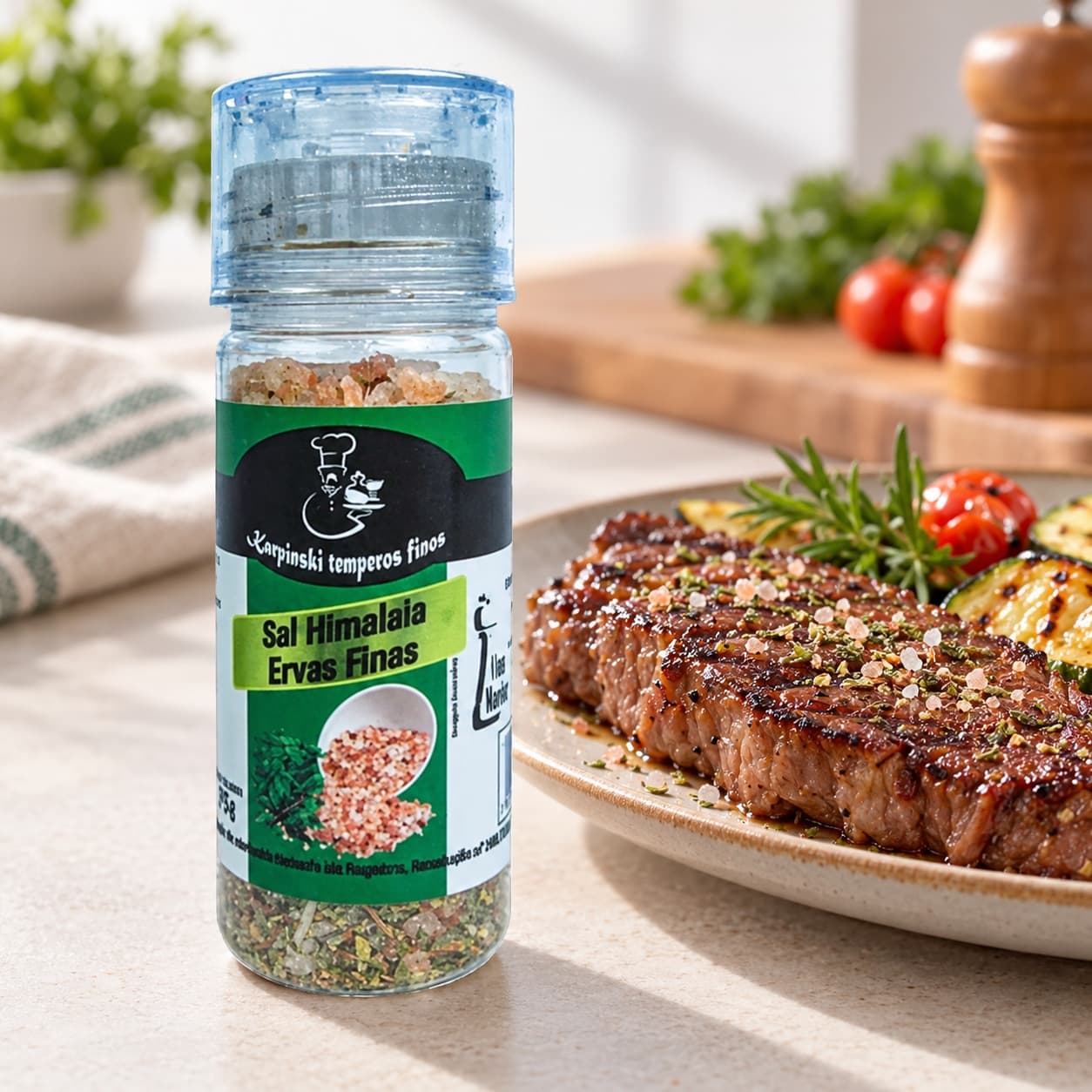 Sal Himalaia com Ervas Finas Moedor Karpinski — ao lado de carne grelhada