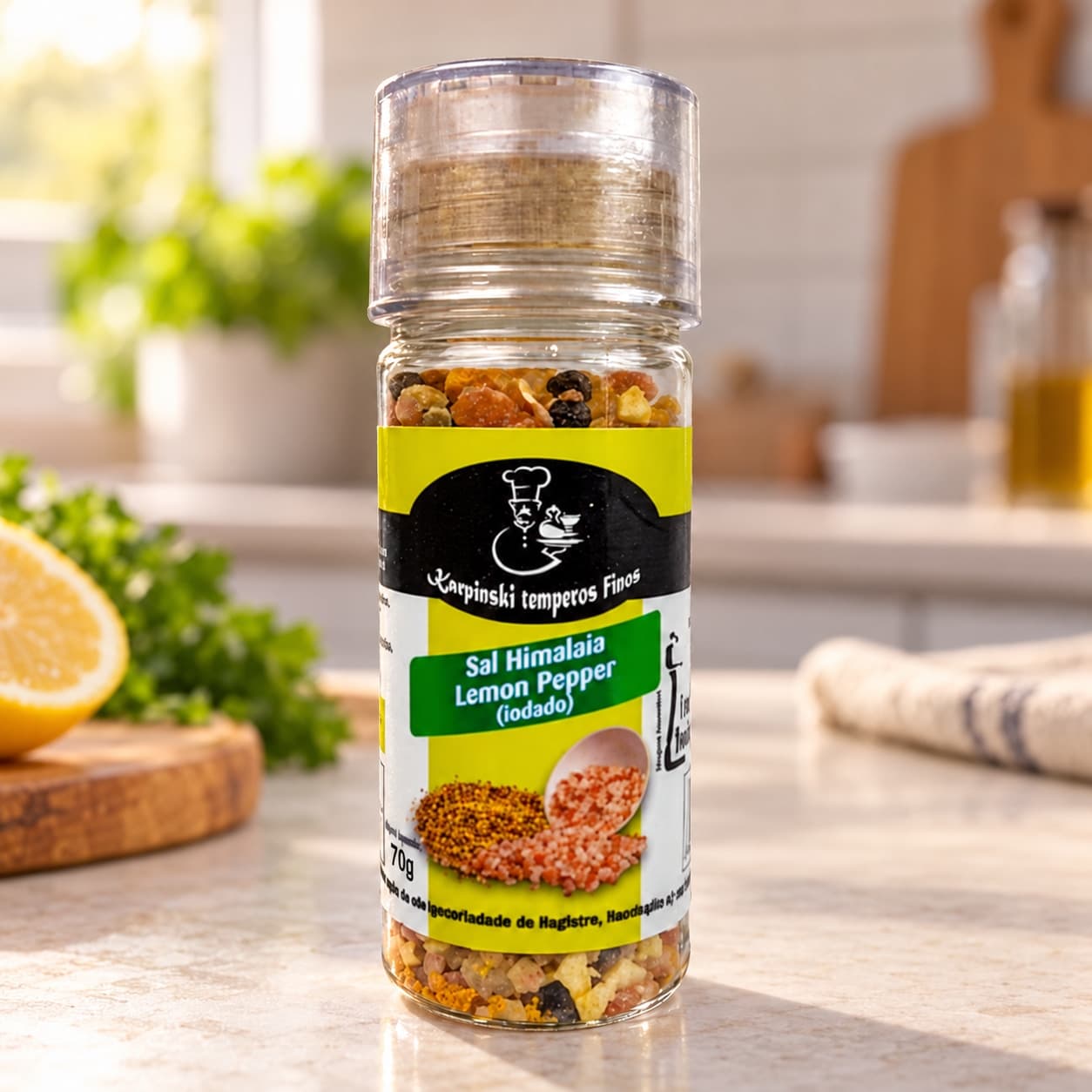 Sal do Himalaia com Lemon Pepper Moedor Karpinski 70 g — na bancada da cozinha