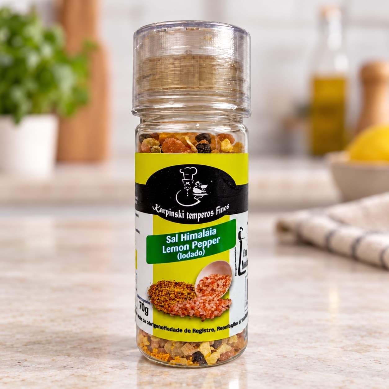 Sal do Himalaia com Lemon Pepper Moedor Karpinski 70 g — detalhe da embalagem e do rótulo