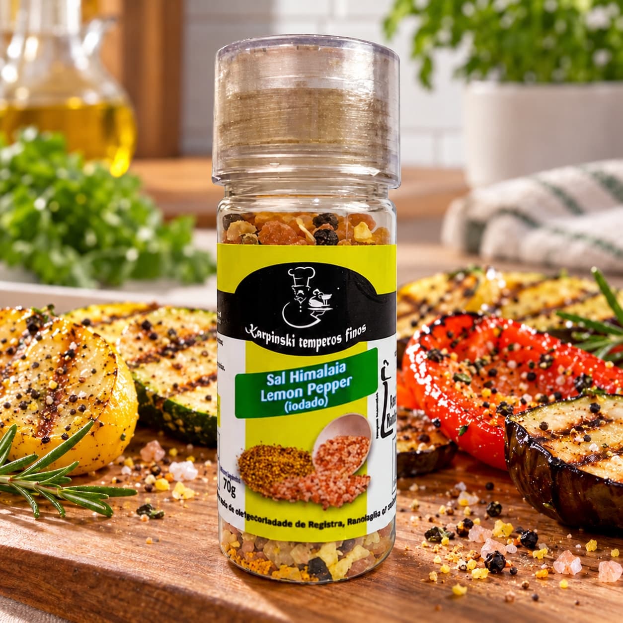 Sal do Himalaia com Lemon Pepper Moedor Karpinski 70 g — no preparo com legumes grelhados