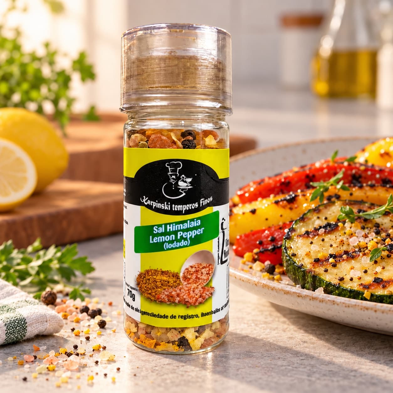 Sal do Himalaia com Lemon Pepper Moedor Karpinski 70 g — com legumes grelhados