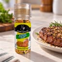 Sal do Himalaia com Lemon Pepper Moedor Karpinski 70 g — ao lado de carne grelhada