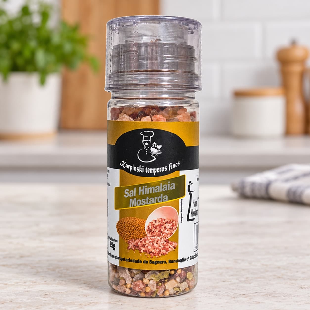 Sal do Himalaia com Mostarda Moedor Karpinski 85 g — detalhe da embalagem e do rótulo