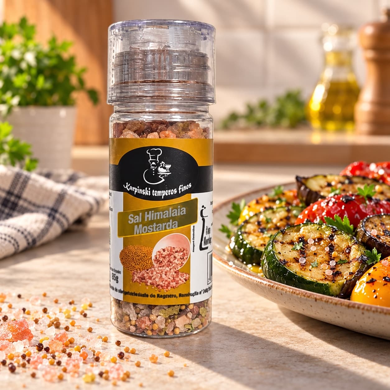 Sal do Himalaia com Mostarda Moedor Karpinski 85 g — com legumes grelhados