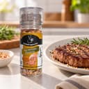 Sal do Himalaia com Mostarda Moedor Karpinski 85 g — ao lado de carne grelhada