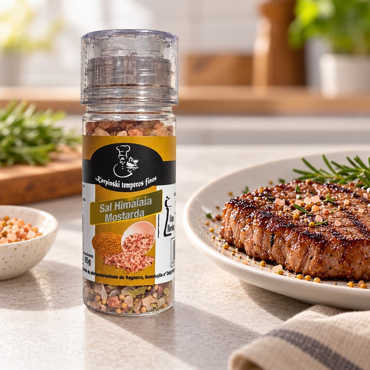 Sal do Himalaia com Mostarda Moedor Karpinski 85 g — ao lado de carne grelhada