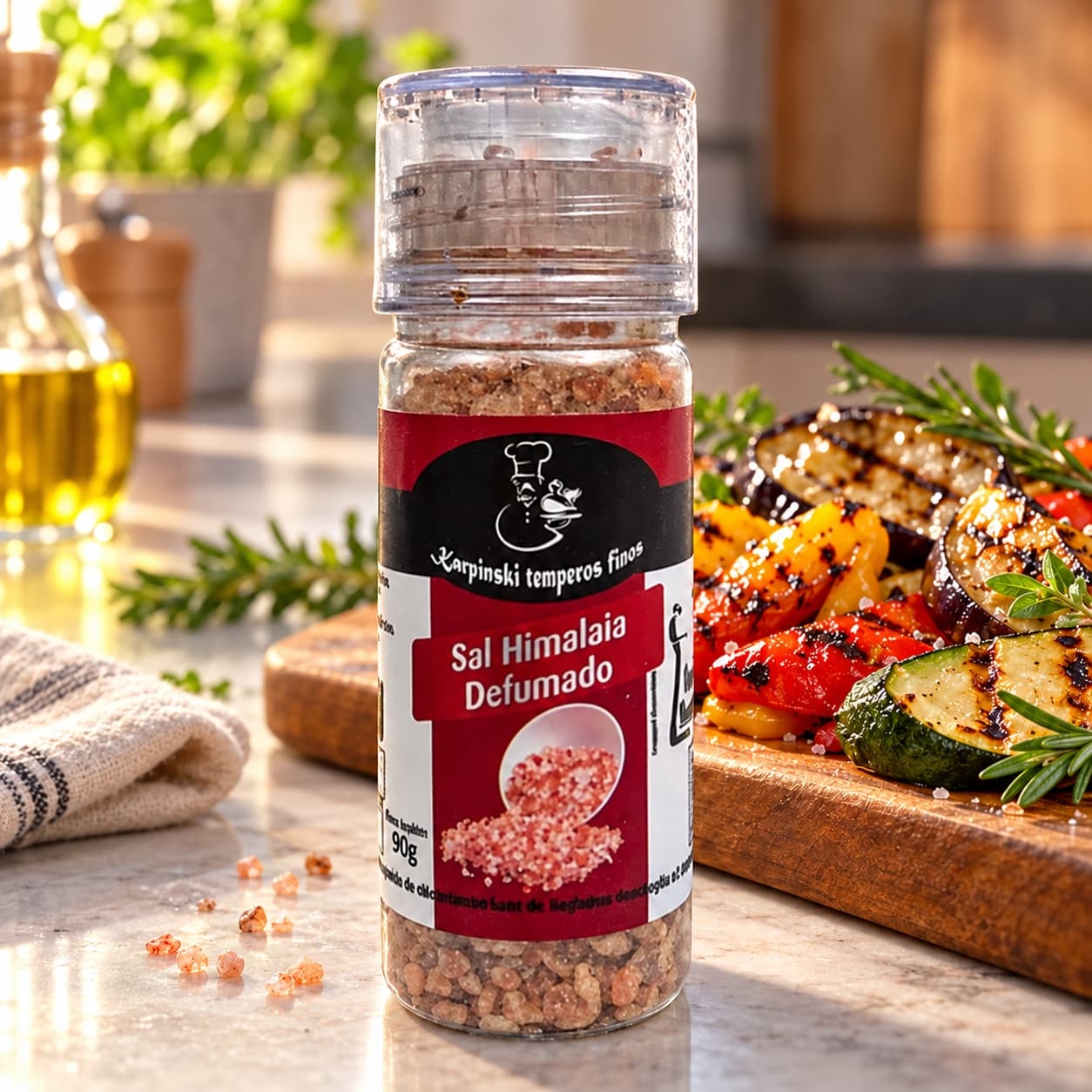 Sal Himalaia Defumado Moedor Karpinski 90 g — com legumes grelhados