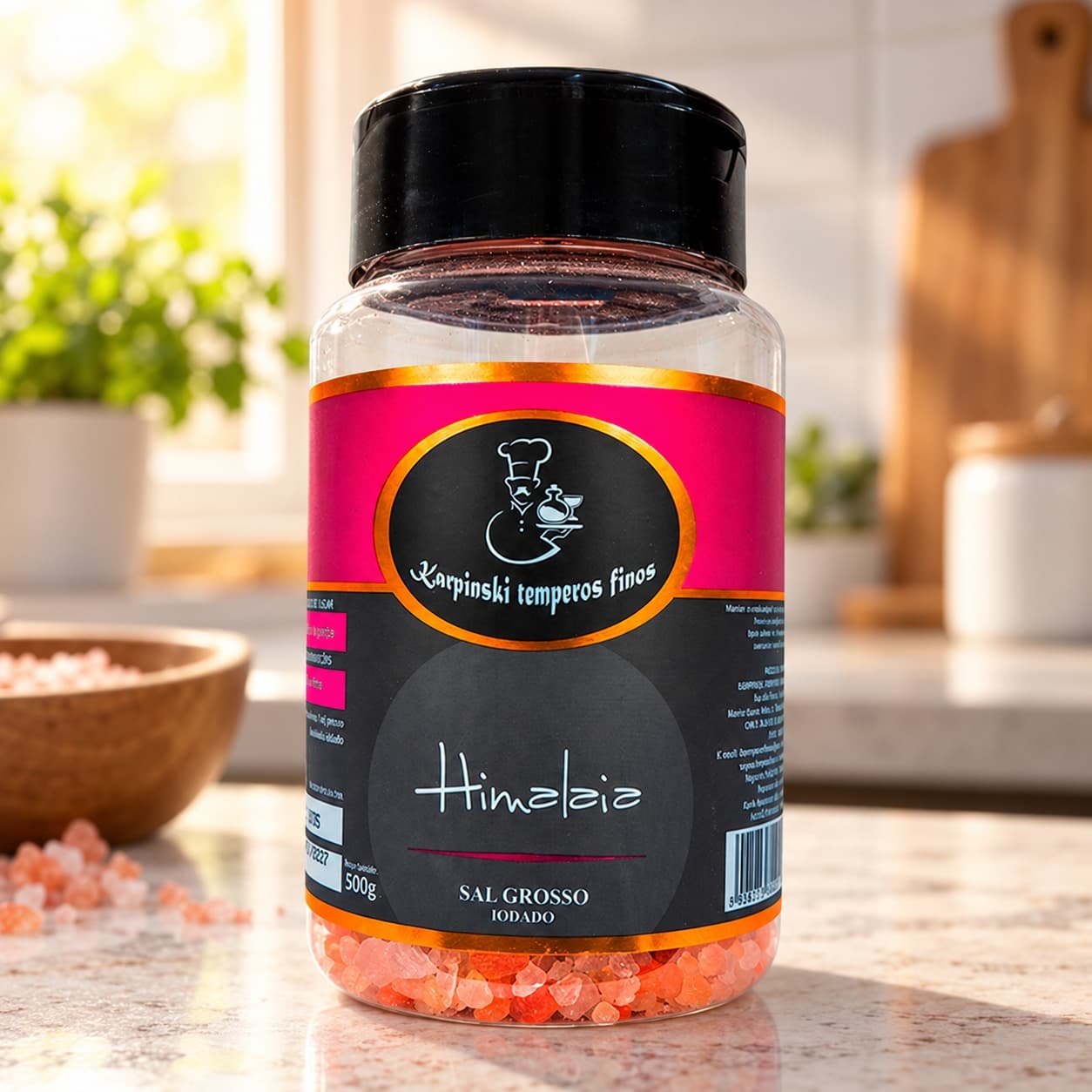 Sal Grosso Rosa do Himalaia em Pote Karpinski 500 g — na bancada da cozinha
