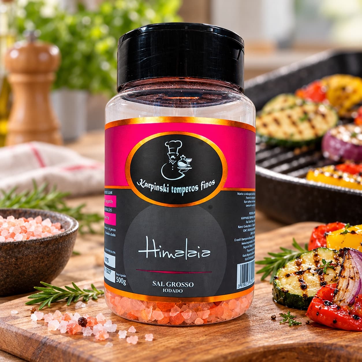 Sal Grosso Rosa do Himalaia em Pote Karpinski 500 g — no preparo com legumes grelhados