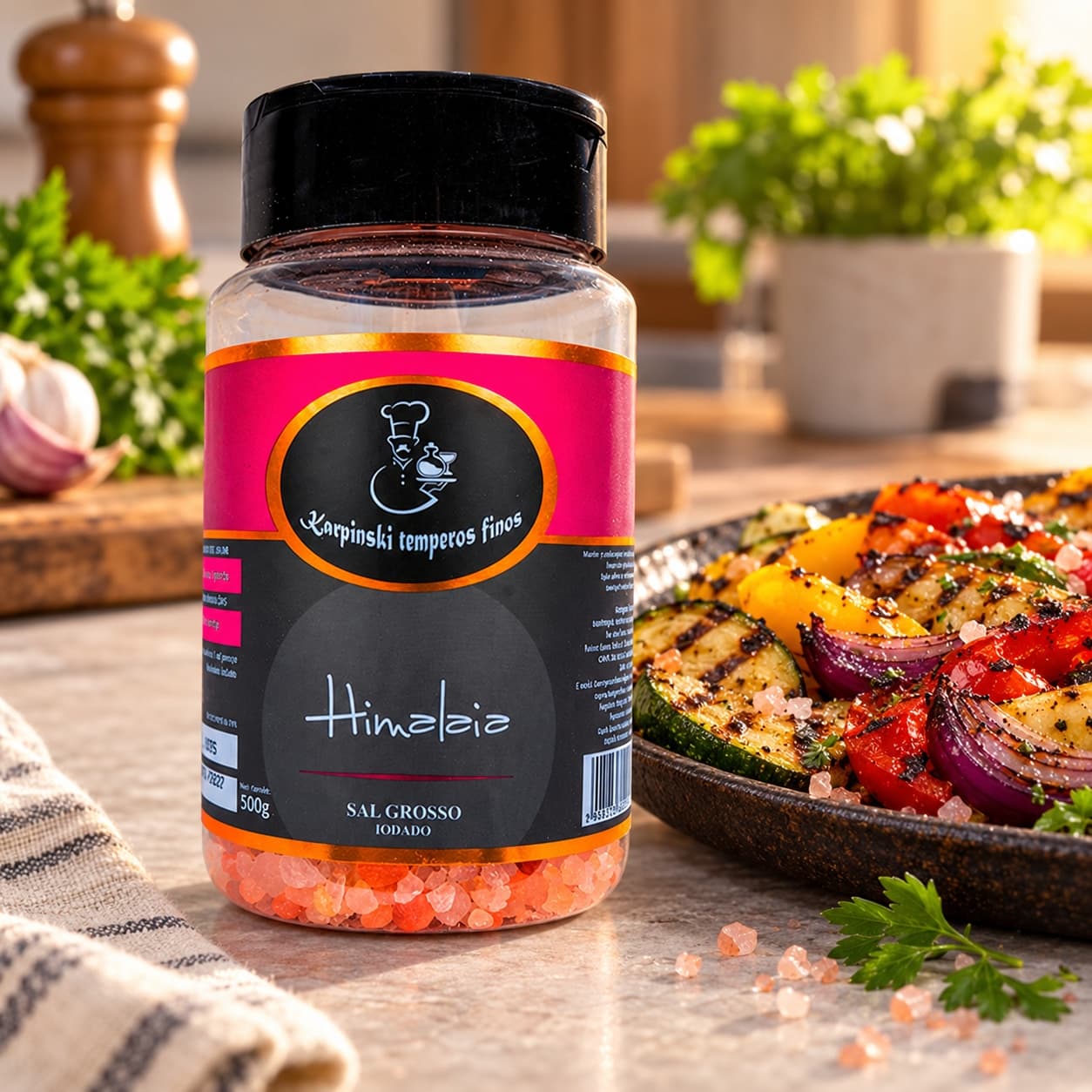 Sal Grosso Rosa do Himalaia em Pote Karpinski 500 g — com legumes grelhados
