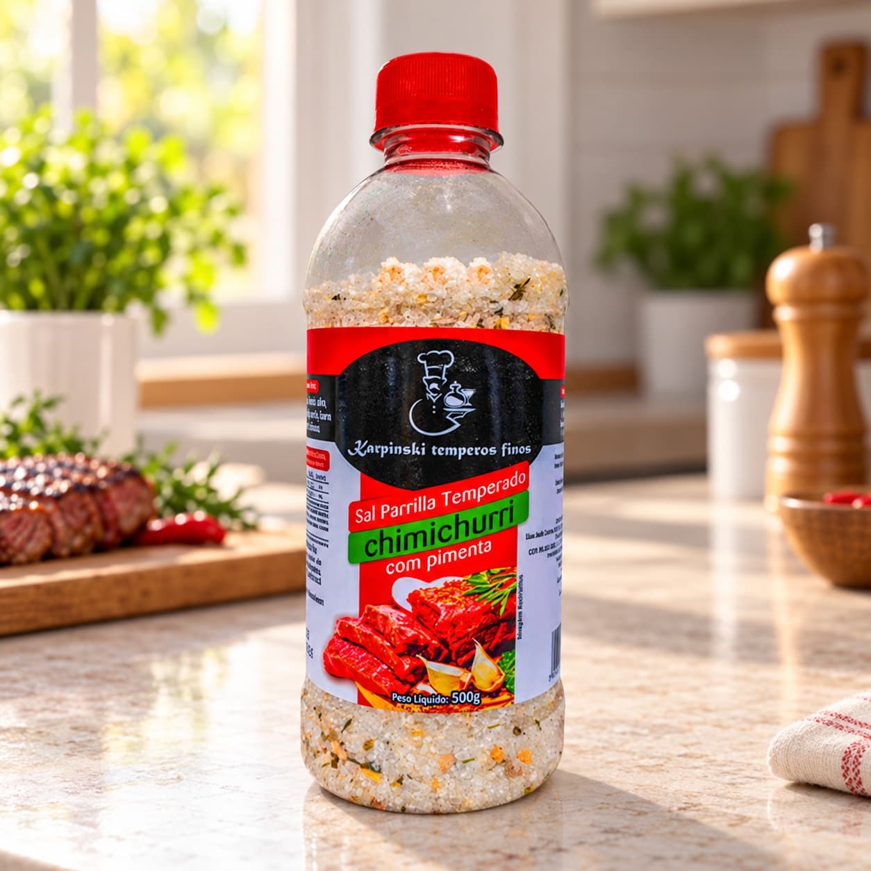 Sal Parrilla Chimichurri com Pimenta Karpinski 500 g — na bancada da cozinha