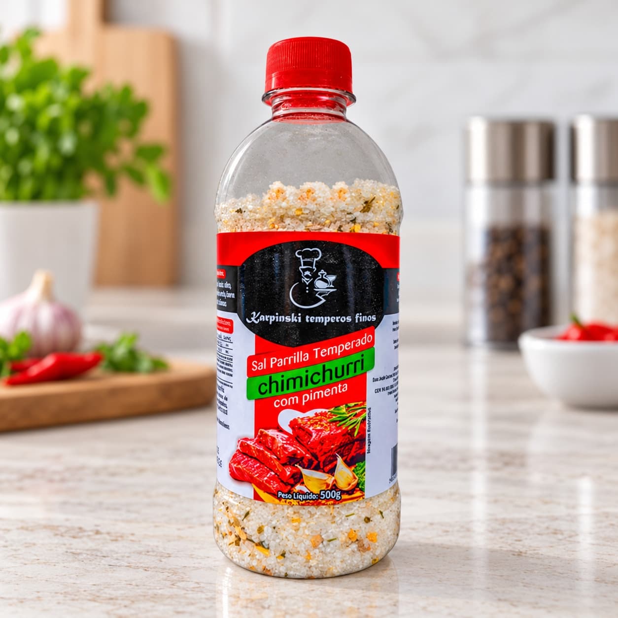 Sal Parrilla Chimichurri com Pimenta Karpinski 500 g — detalhe da embalagem e do rótulo
